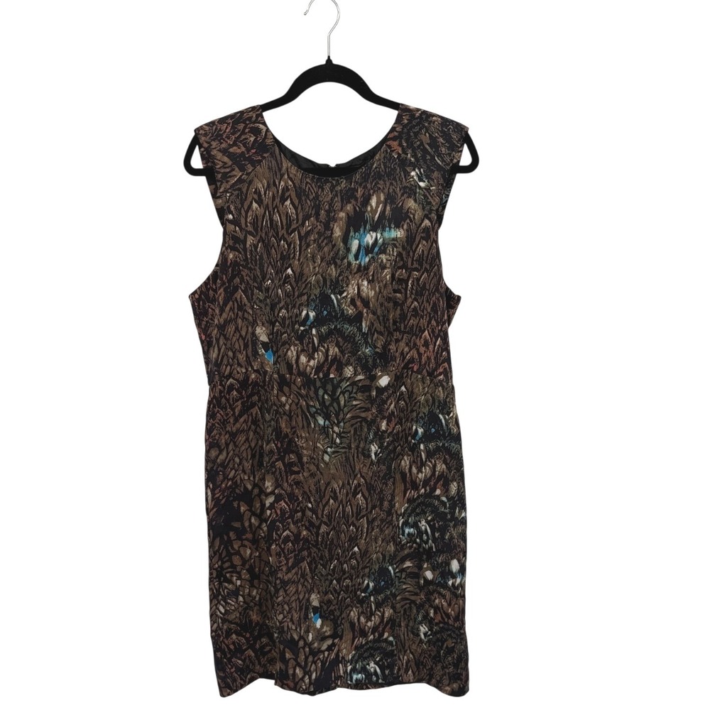 Laura Ashley Womens 100% Silk Sheath Dress Brown‎ Teal Abstract Feather Print 14